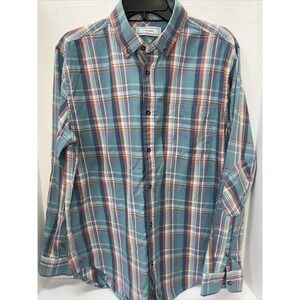FiveFour Shirt Men's Large Teal Pink Plaid Long Sleeve Button Front